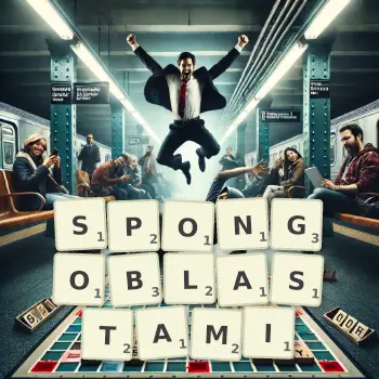 Kreatywna ilustracja do gry w Scrabble ze słowem SPONGOBLASTAMI ułożonym z płytek na planszy.