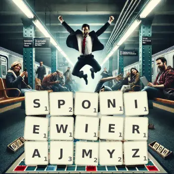 Kreatywna ilustracja do gry w Scrabble ze słowem SPONIEWIERAJMYZ ułożonym z płytek na planszy.