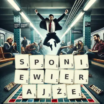 Kreatywna ilustracja do gry w Scrabble ze słowem SPONIEWIERAJŻE ułożonym z płytek na planszy.