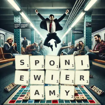 Kreatywna ilustracja do gry w Scrabble ze słowem SPONIEWIERAMY ułożonym z płytek na planszy.
