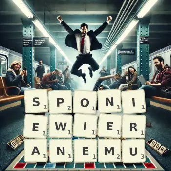 Kreatywna ilustracja do gry w Scrabble ze słowem SPONIEWIERANEMU ułożonym z płytek na planszy.