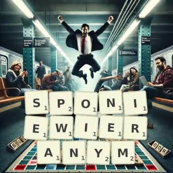 Kreatywna ilustracja do gry w Scrabble ze słowem SPONIEWIERANYM ułożonym z płytek na planszy.