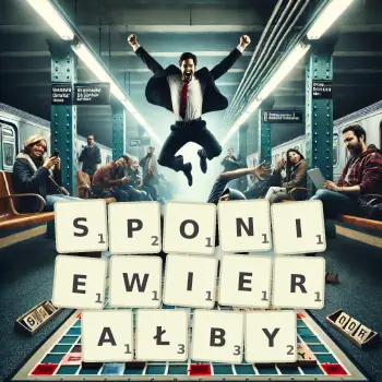 Kreatywna ilustracja do gry w Scrabble ze słowem SPONIEWIERAŁBY ułożonym z płytek na planszy.