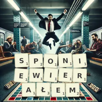 Kreatywna ilustracja do gry w Scrabble ze słowem SPONIEWIERAŁEM ułożonym z płytek na planszy.