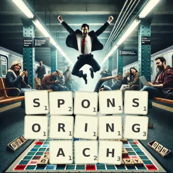 Kreatywna ilustracja do gry w Scrabble ze słowem SPONSORINGACH ułożonym z płytek na planszy.