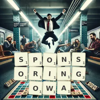 Kreatywna ilustracja do gry w Scrabble ze słowem SPONSORINGOWA ułożonym z płytek na planszy.