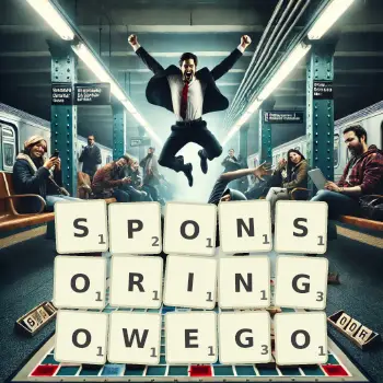 Kreatywna ilustracja do gry w Scrabble ze słowem SPONSORINGOWEGO ułożonym z płytek na planszy.