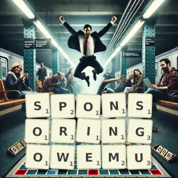 Kreatywna ilustracja do gry w Scrabble ze słowem SPONSORINGOWEMU ułożonym z płytek na planszy.