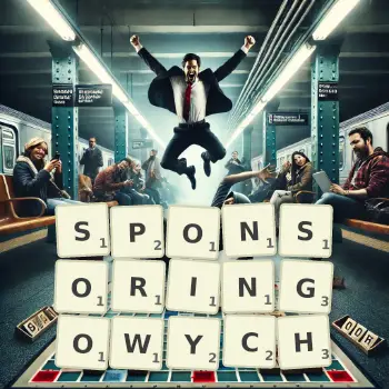 Kreatywna ilustracja do gry w Scrabble ze słowem SPONSORINGOWYCH ułożonym z płytek na planszy.