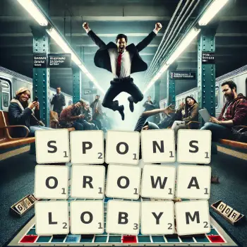 Kreatywna ilustracja do gry w Scrabble ze słowem SPONSOROWALOBYM ułożonym z płytek na planszy.