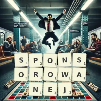 Kreatywna ilustracja do gry w Scrabble ze słowem SPONSOROWANEJ ułożonym z płytek na planszy.