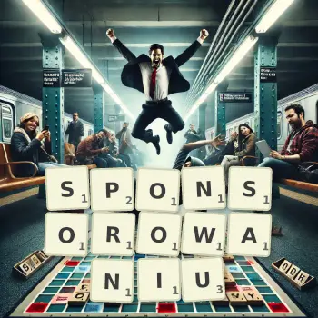 Kreatywna ilustracja do gry w Scrabble ze słowem SPONSOROWANIU ułożonym z płytek na planszy.