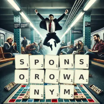 Kreatywna ilustracja do gry w Scrabble ze słowem SPONSOROWANYM ułożonym z płytek na planszy.