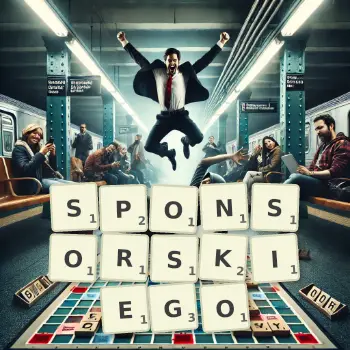 Kreatywna ilustracja do gry w Scrabble ze słowem SPONSORSKIEGO ułożonym z płytek na planszy.