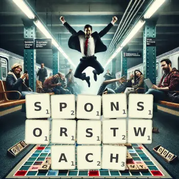 Kreatywna ilustracja do gry w Scrabble ze słowem SPONSORSTWACH ułożonym z płytek na planszy.