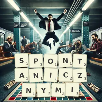 Kreatywna ilustracja do gry w Scrabble ze słowem SPONTANICZNYMI ułożonym z płytek na planszy.