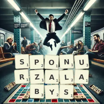 Kreatywna ilustracja do gry w Scrabble ze słowem SPONURZALABYS ułożonym z płytek na planszy.