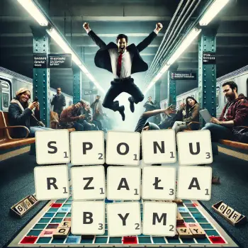 Kreatywna ilustracja do gry w Scrabble ze słowem SPONURZAŁABYM ułożonym z płytek na planszy.