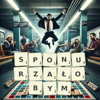 Kreatywna ilustracja do gry w Scrabble ze słowem SPONURZAŁOBYM ułożonym z płytek na planszy.