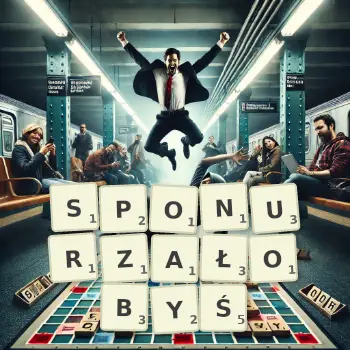 Kreatywna ilustracja do gry w Scrabble ze słowem SPONURZAŁOBYŚ ułożonym z płytek na planszy.