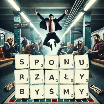 Kreatywna ilustracja do gry w Scrabble ze słowem SPONURZAŁYBYŚMY ułożonym z płytek na planszy.