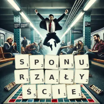 Kreatywna ilustracja do gry w Scrabble ze słowem SPONURZAŁYŚCIE ułożonym z płytek na planszy.