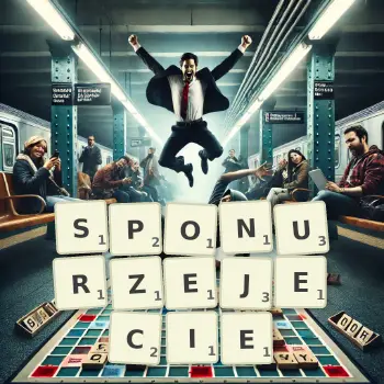 Kreatywna ilustracja do gry w Scrabble ze słowem SPONURZEJECIE ułożonym z płytek na planszy.