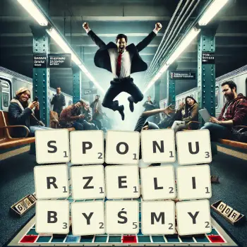 Kreatywna ilustracja do gry w Scrabble ze słowem SPONURZELIBYŚMY ułożonym z płytek na planszy.
