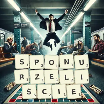 Kreatywna ilustracja do gry w Scrabble ze słowem SPONURZELIŚCIE ułożonym z płytek na planszy.
