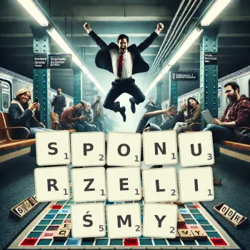 Kreatywna ilustracja do gry w Scrabble ze słowem SPONURZELIŚMY ułożonym z płytek na planszy.