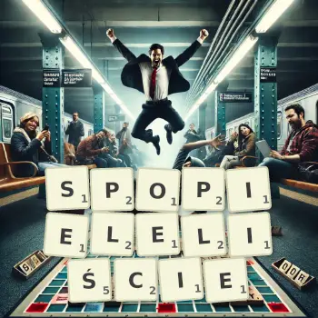 Kreatywna ilustracja do gry w Scrabble ze słowem SPOPIELELIŚCIE ułożonym z płytek na planszy.