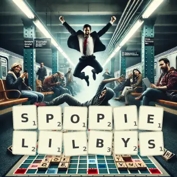 Kreatywna ilustracja do gry w Scrabble ze słowem SPOPIELILBYS ułożonym z płytek na planszy.