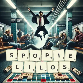 Kreatywna ilustracja do gry w Scrabble ze słowem SPOPIELILOS ułożonym z płytek na planszy.