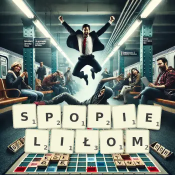 Kreatywna ilustracja do gry w Scrabble ze słowem SPOPIELIŁOM ułożonym z płytek na planszy.