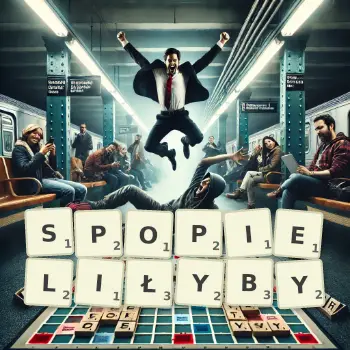 Kreatywna ilustracja do gry w Scrabble ze słowem SPOPIELIŁYBY ułożonym z płytek na planszy.