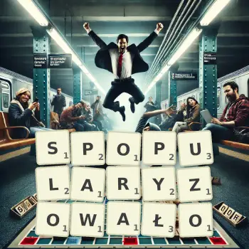 Kreatywna ilustracja do gry w Scrabble ze słowem SPOPULARYZOWAŁO ułożonym z płytek na planszy.