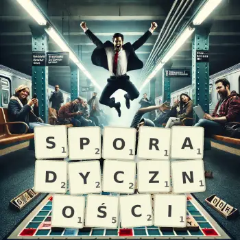 Kreatywna ilustracja do gry w Scrabble ze słowem SPORADYCZNOŚCI ułożonym z płytek na planszy.
