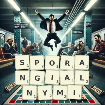 Kreatywna ilustracja do gry w Scrabble ze słowem SPORANGIALNYMI ułożonym z płytek na planszy.