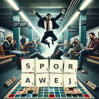 Kreatywna ilustracja do gry w Scrabble ze słowem SPORAWEJ ułożonym z płytek na planszy.