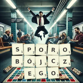 Kreatywna ilustracja do gry w Scrabble ze słowem SPOROBÓJCZEGO ułożonym z płytek na planszy.