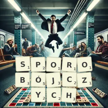 Kreatywna ilustracja do gry w Scrabble ze słowem SPOROBÓJCZYCH ułożonym z płytek na planszy.