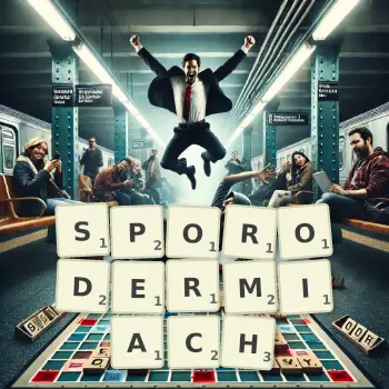 Kreatywna ilustracja do gry w Scrabble ze słowem SPORODERMIACH ułożonym z płytek na planszy.