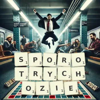 Kreatywna ilustracja do gry w Scrabble ze słowem SPOROTRYCHOZIE ułożonym z płytek na planszy.