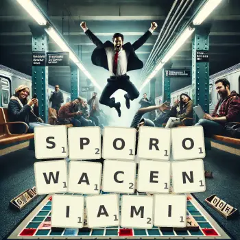 Kreatywna ilustracja do gry w Scrabble ze słowem SPOROWACENIAMI ułożonym z płytek na planszy.