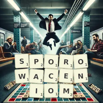 Kreatywna ilustracja do gry w Scrabble ze słowem SPOROWACENIOM ułożonym z płytek na planszy.