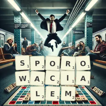 Kreatywna ilustracja do gry w Scrabble ze słowem SPOROWACIALEM ułożonym z płytek na planszy.