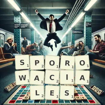 Kreatywna ilustracja do gry w Scrabble ze słowem SPOROWACIALES ułożonym z płytek na planszy.