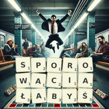 Kreatywna ilustracja do gry w Scrabble ze słowem SPOROWACIAŁABYŚ ułożonym z płytek na planszy.