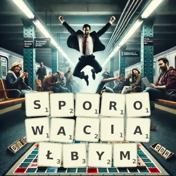 Kreatywna ilustracja do gry w Scrabble ze słowem SPOROWACIAŁBYM ułożonym z płytek na planszy.