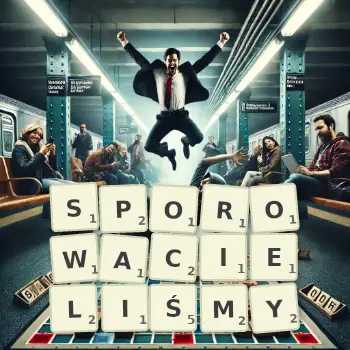 Kreatywna ilustracja do gry w Scrabble ze słowem SPOROWACIELIŚMY ułożonym z płytek na planszy.
